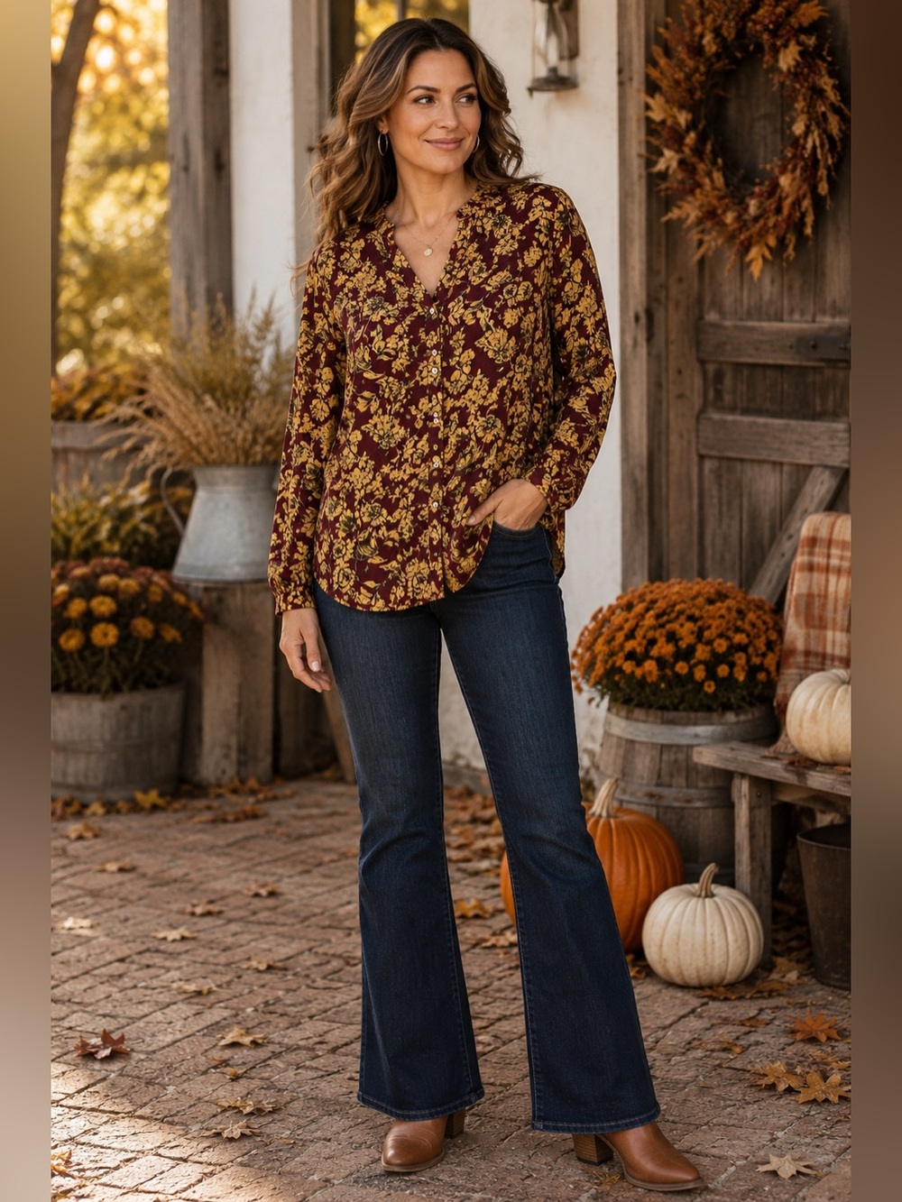 Soft Surrounding floral print button down burgundy/yellow shirt Size L